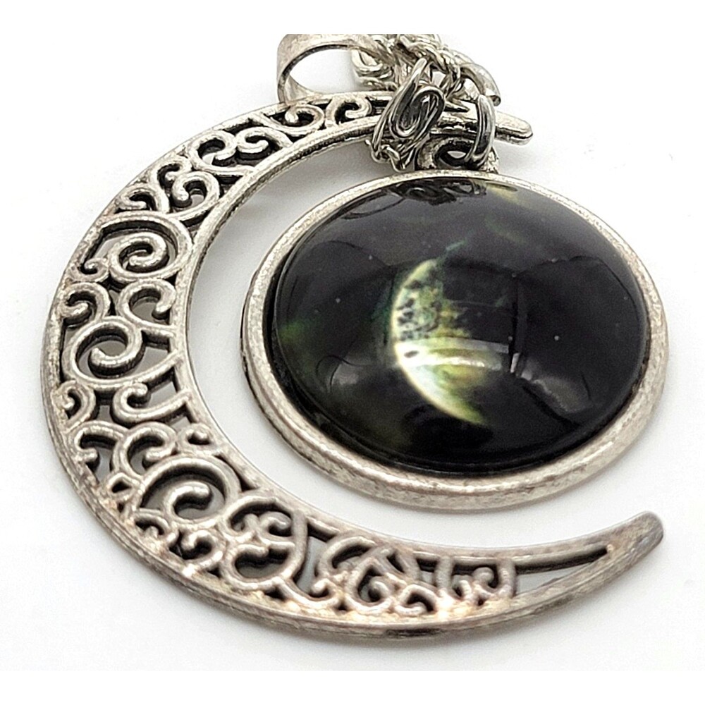Crescent Moon Celestial Pendant Chain Necklace Black Cabochon Silver Tone Metal